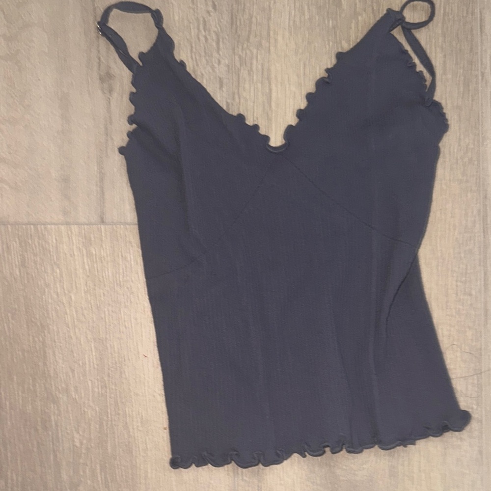 Free People Navy Ribbed Scallop-Trim Cami